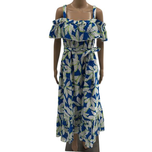 Draper James Sapphire Blue Eyelet Off The Shoulder Midi Flounce Dress - Picture 5 of 12